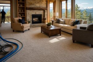 Prepared living room with cleared carpet ready for professional cleaning service in Alma Colorado mountain home